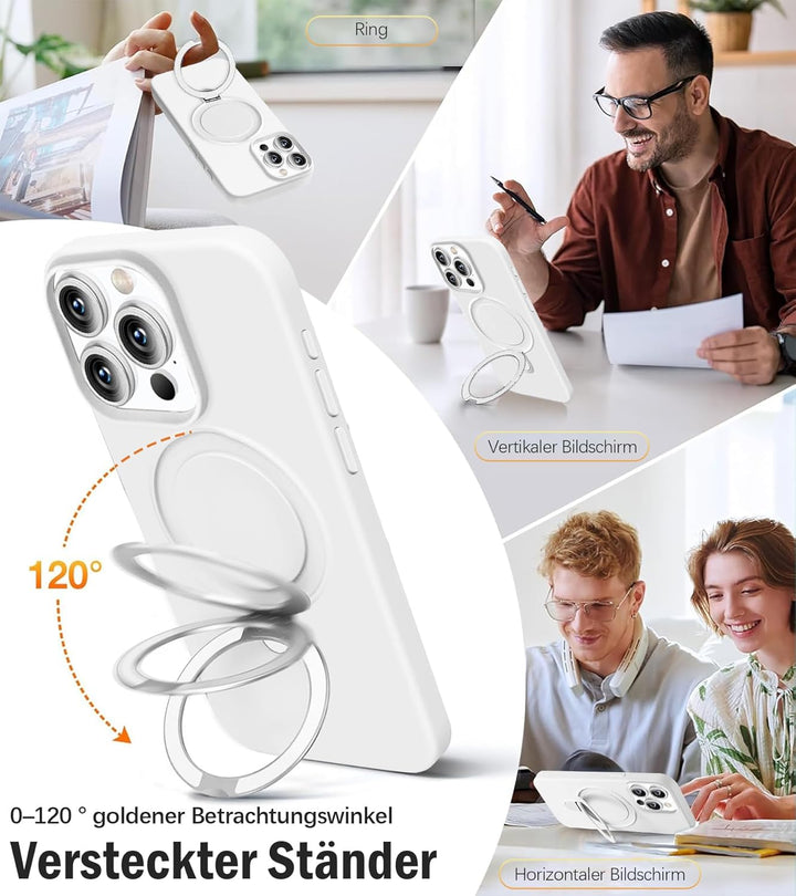 Handyhülle für iPhone 16 Pro Hülle mit 2 Stück Schutzfolie, Silikon Case mit Magnetisch Ring Ständer
