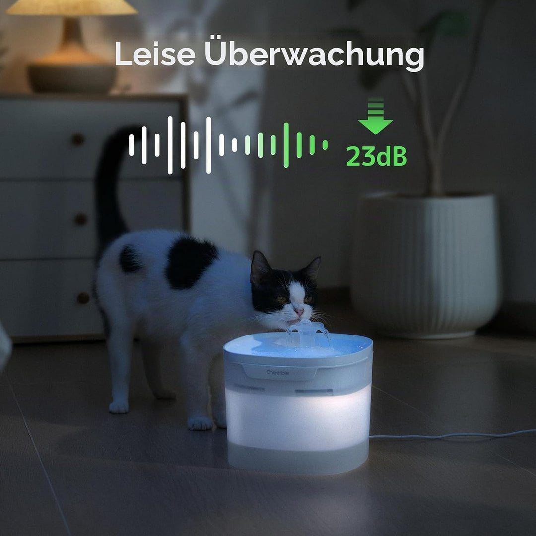 Cheerble E1 Lite Katzenbrunnen, Ohne Pumpe &amp; 23dB Extrem Leise, 2L Trinkbrunnen für Katze Hund mit M