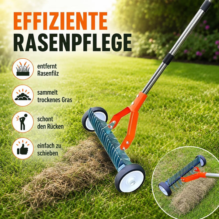 Handvertikutierer mit Rollen,Vertikutierrechen mit Stiel 163cm,Vertikutierer Rechen Hand mit Gartena