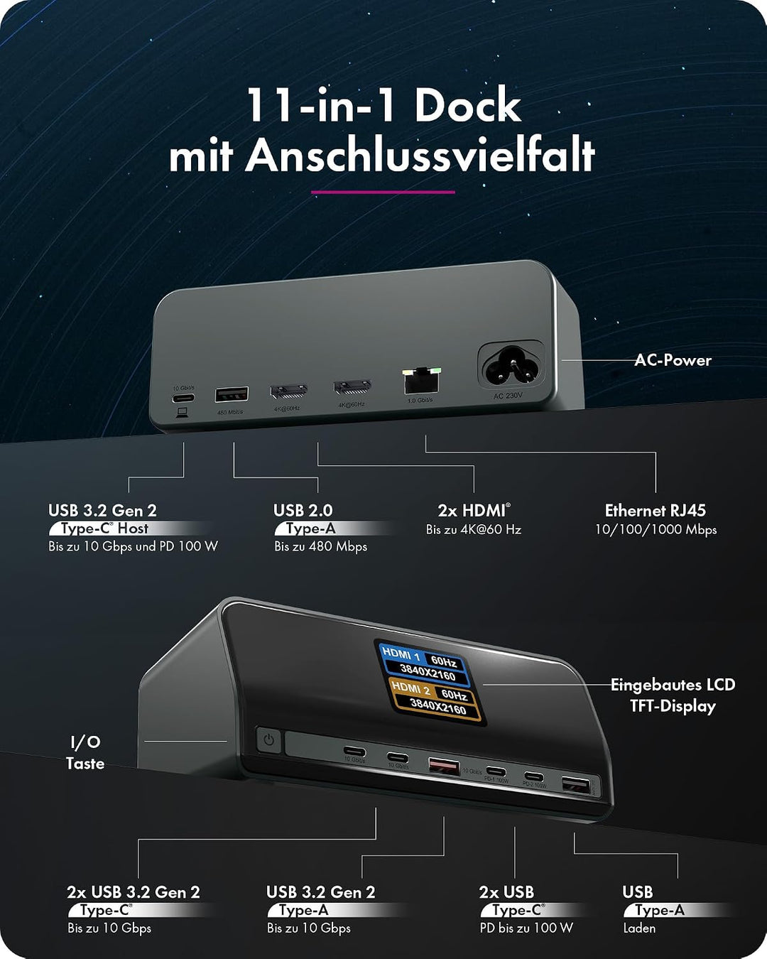 ICY BOX (11-in-1) USB-C Docking Station, Dual 4K HDMI, LCD Display, (USB 3.2 Gen 2), (2X HDMI 4K), (