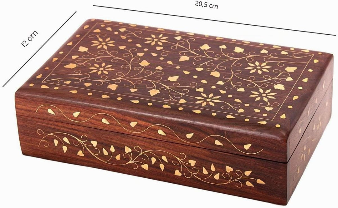 Ajuny Wooden Decorative Jewelry Storage Keepsake Box Organiser with Mughal Inspired Brass Inlay-8x5