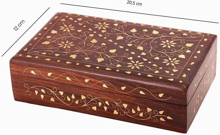 Ajuny Wooden Decorative Jewelry Storage Keepsake Box Organiser with Mughal Inspired Brass Inlay-8x5