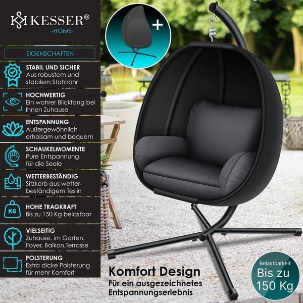 KESSER® Luxe Hängesessel mit Gestell + weiches Sitzkissen und Abdeckung, Seitenpolsterung, Rückenkis