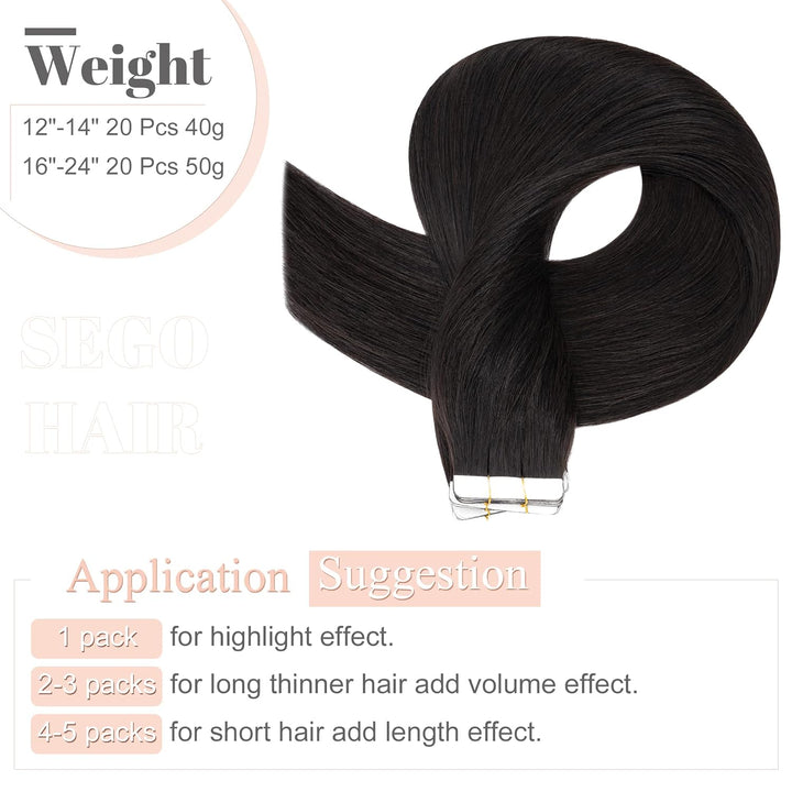 SEGO Tape in Extensions Echthaar Klebeband 20 Tressen 2.5g/pcs Adhesive Weft Haarverlängerung Haarte
