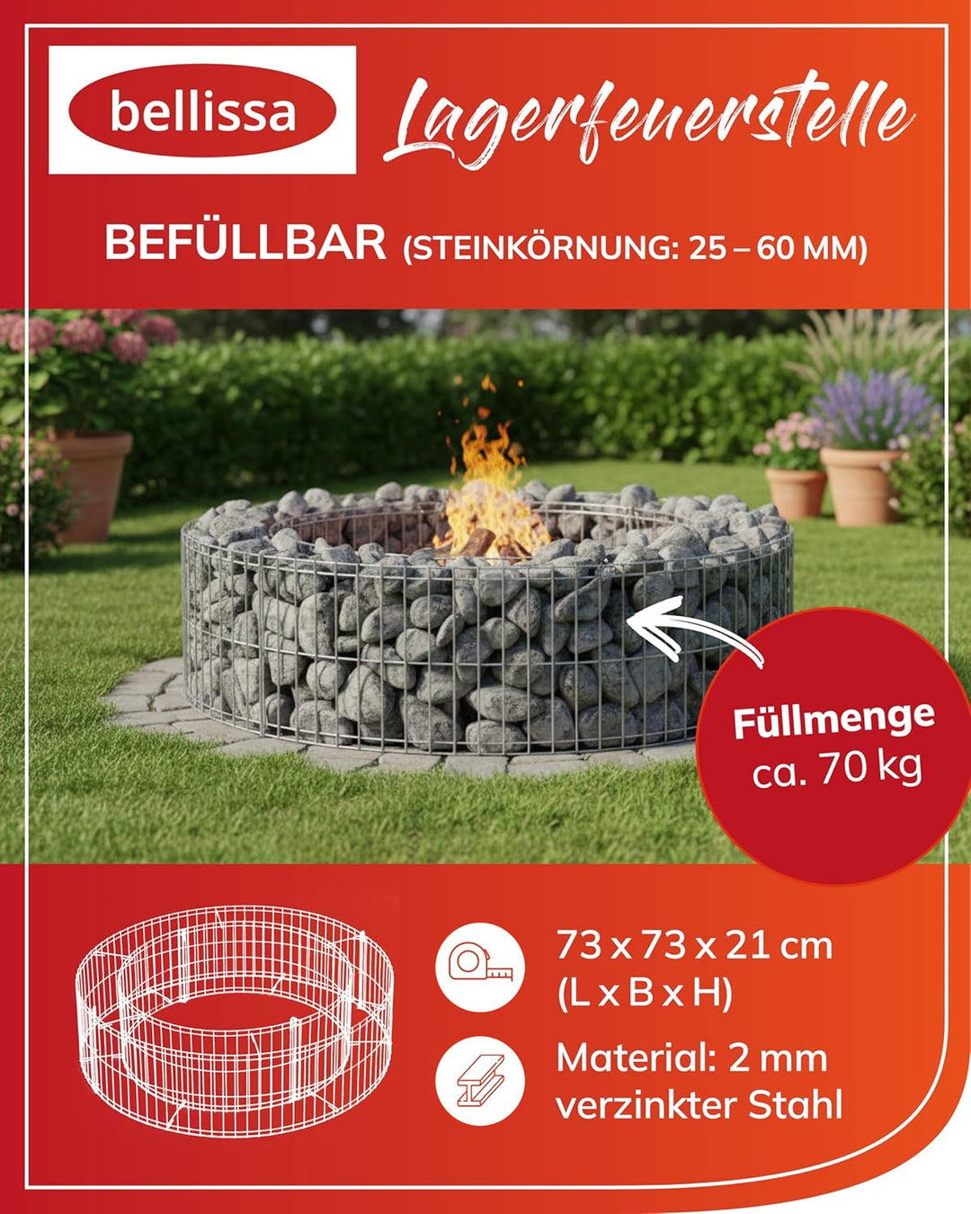 bellissa Gabionen-Lagerfeuerstelle - 95587 - Feuerstelle für Lagerfeuer - Durchmesser 73/51 cm, Höhe