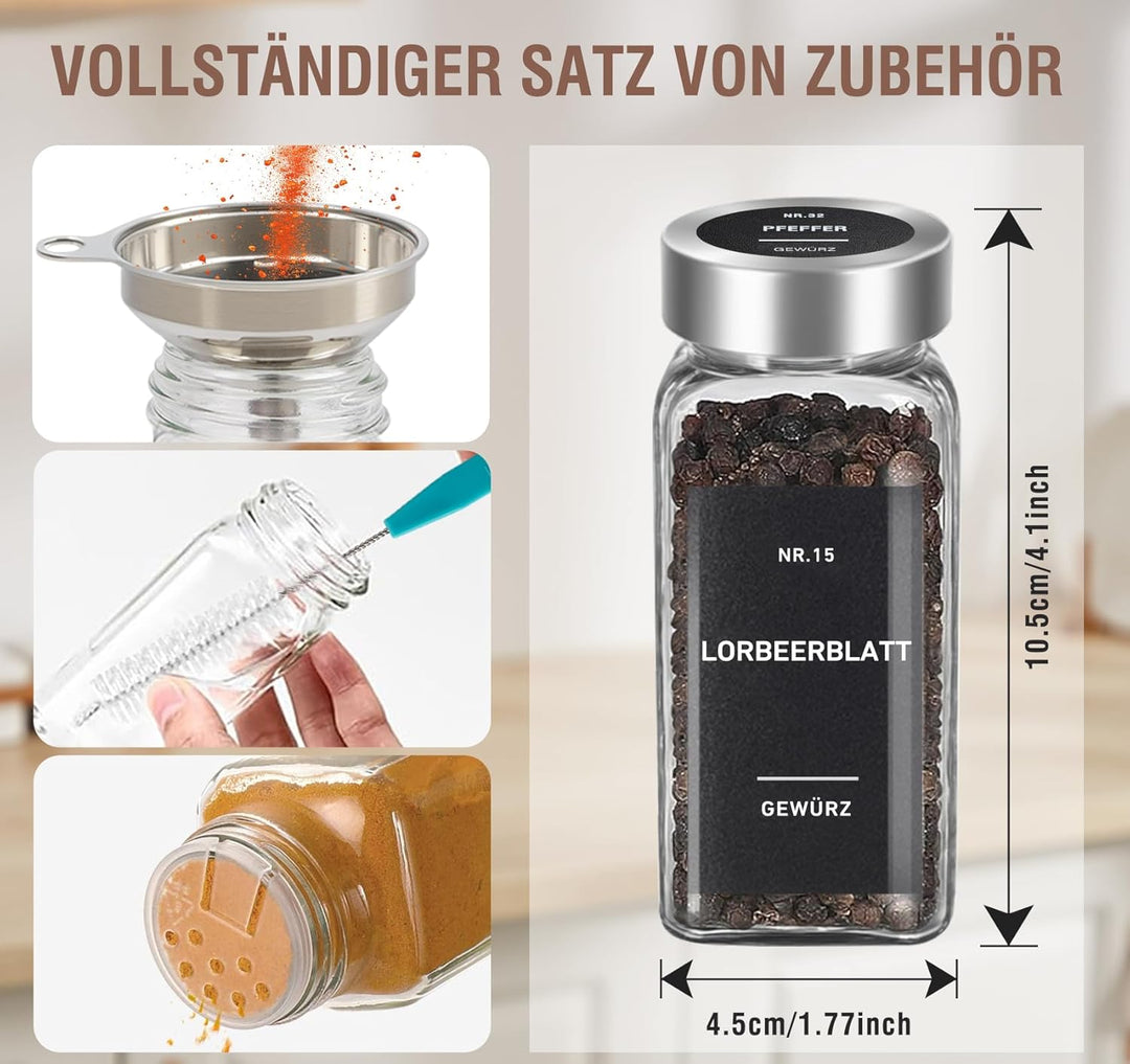 Gewürzgläser Eckig 24 Stück mit Edelstahl-Deckel & Gewürzmühle – Luftdichte Gewürzdosen Set inkl. 20
