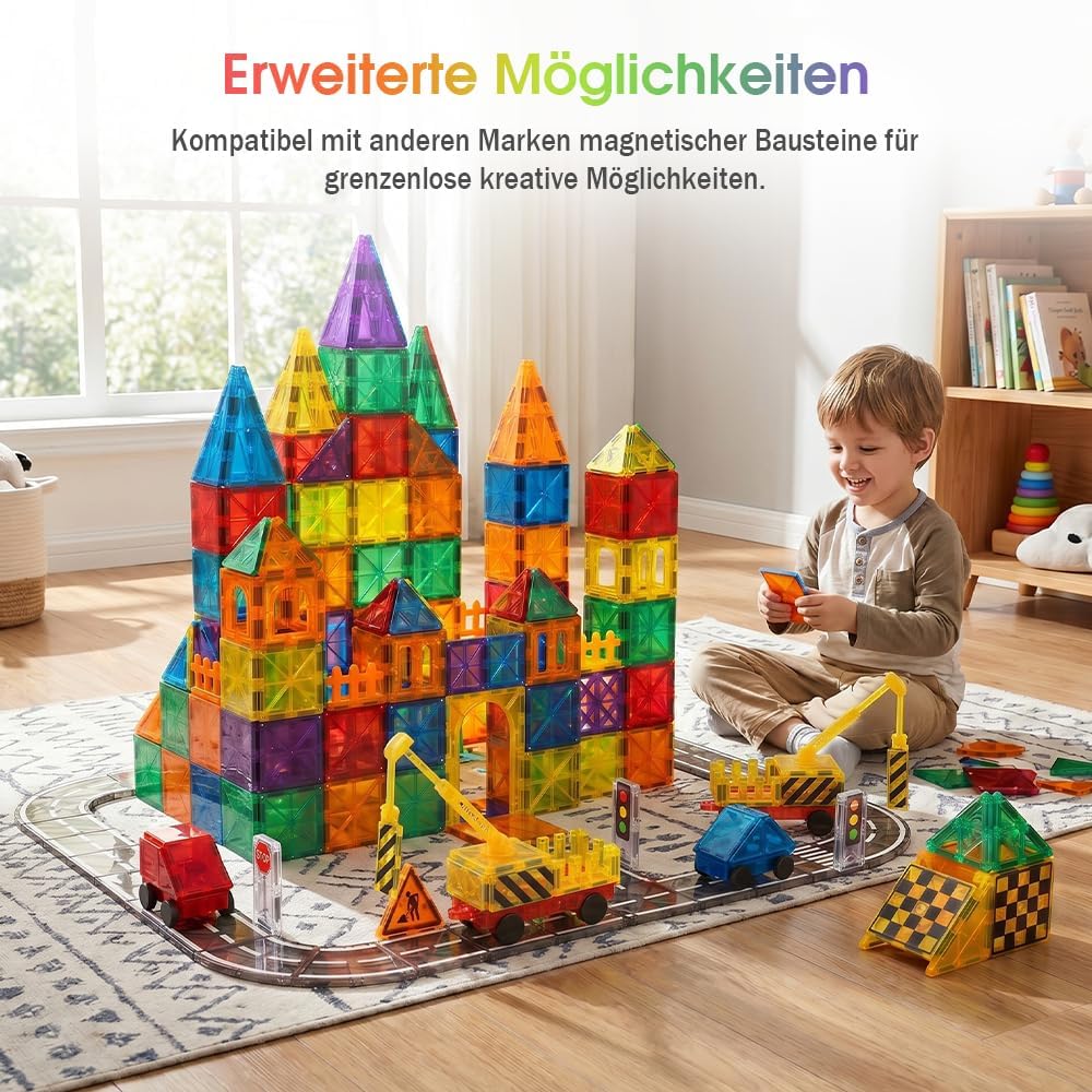Playpals Magnetische Bausteine 120 Teile mit 2 Autos für Kinder ab 3 Jahren | 2D- &amp; 3D-Bauen, STEM-L
