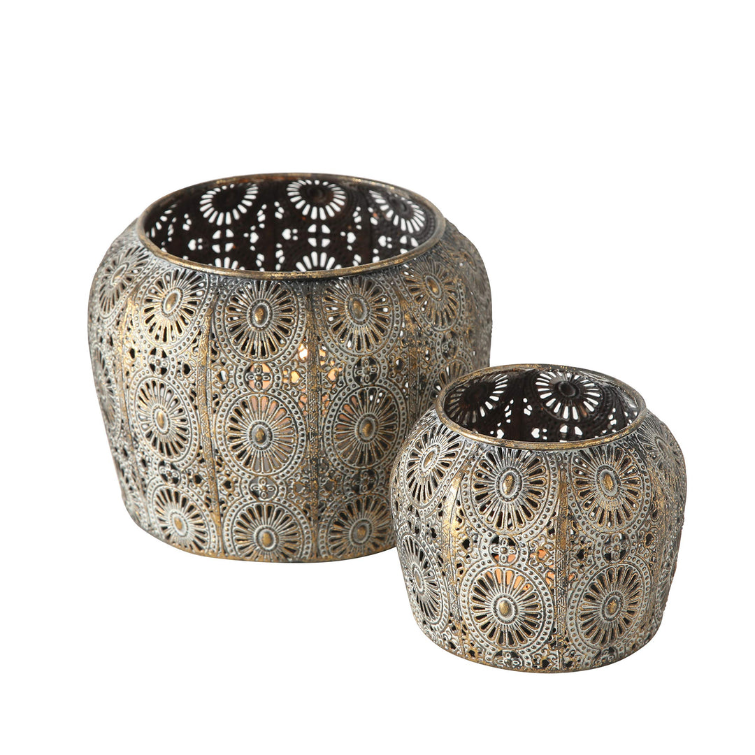 Hurricane Laternen-Set mit Gänseblümchen-Motiv, Metallarbeiten, Used-Gold, Weiss-Grau-Patina, Eisen,