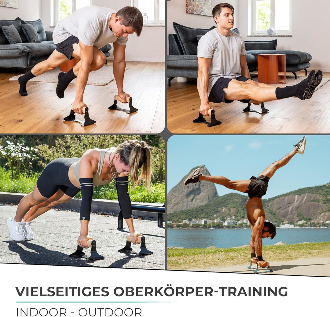 PULLUP & DIP Liegestützgriffe mit ergonomischem Holz Griff und hochbelastbarem Stahl - Rutschfeste P