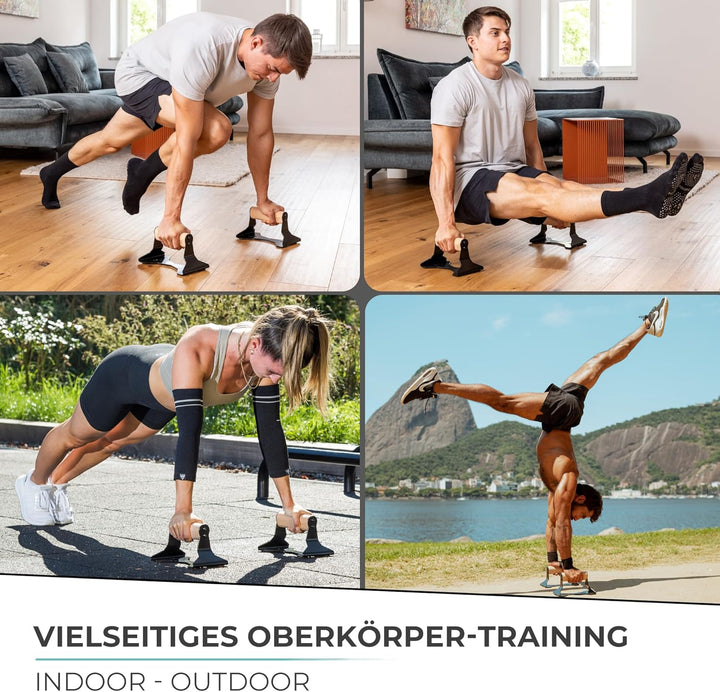 PULLUP & DIP Liegestützgriffe mit ergonomischem Holz Griff und hochbelastbarem Stahl - Rutschfeste P