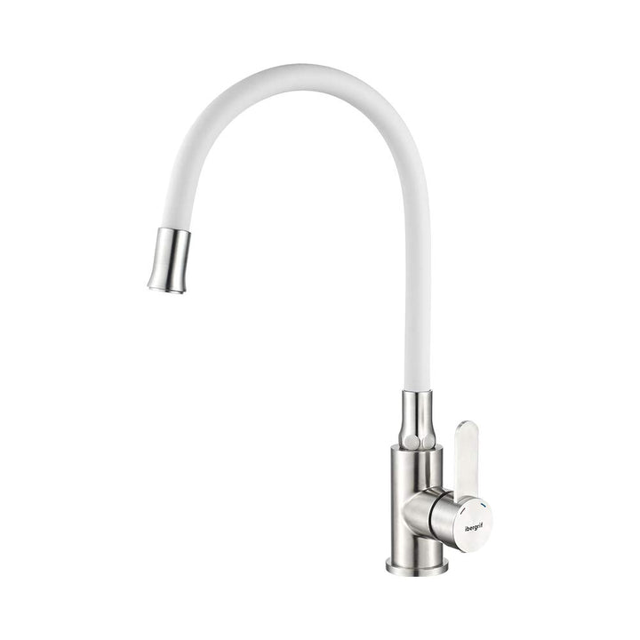 Ibergrif, Einhebel Küchenarmatur, Wasserhahn für Küche mit Weiss Flexibler Auslauf, Supersteel, Weis