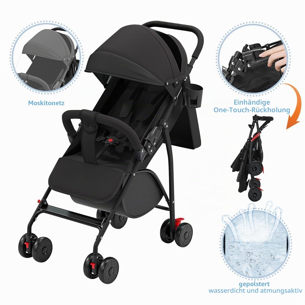Kinderwagen Buggy Liegefunktion, Leichter 4-Rad Buggy ab 0–4 Jahre, Verstellbare Rückenlehne, Klein