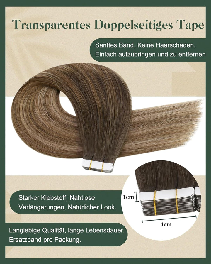 Ugeat Invisible Tape Extensions 45 cm Ombre Braun Haarverdichtung Echthaar Tape in Extensions Echtha