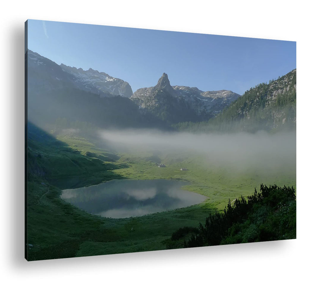 Funtensee im Nebel im Format: 80x60 als Leinwandbild, Motiv fertig gerahmt auf Echtholzrahmen, Hochw