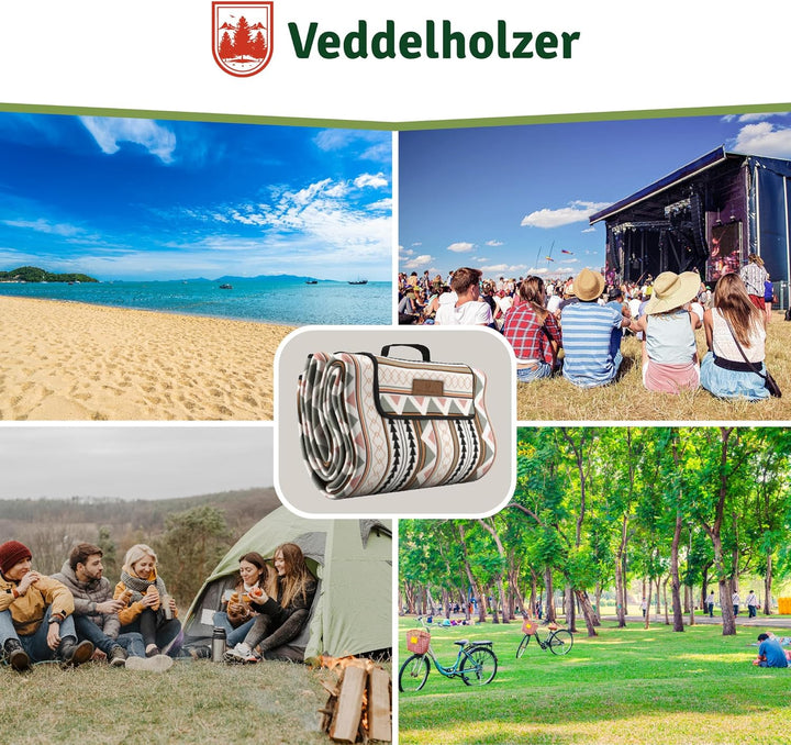 Veddelholzer 200 x 200 cm Boho Picknickdecke wasserdicht, sandfeste Stranddecke XXL isoliert & gepol