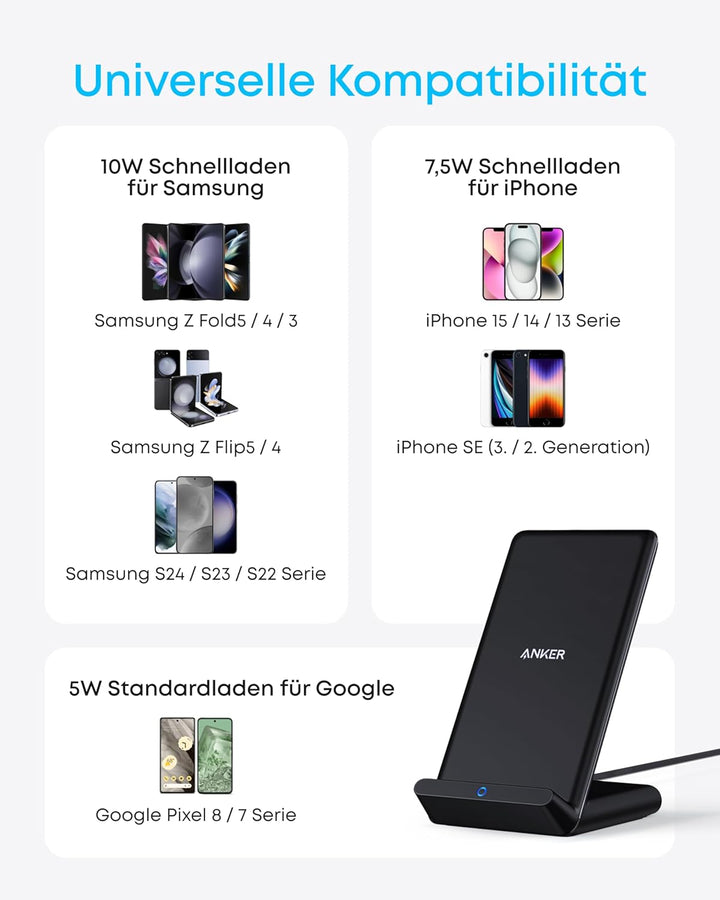 Anker 313 Induktive Ladestation, Qi-zertifiziert, Geeignet für iPhone 16 / 15 / 15 Pro / 15 Pro Max,