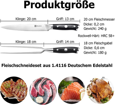 PAUDIN Küchenmesserset 2tlg, Messerset mit Fleischmesser 20cm und Fleischgabel 18cm, Ultra Scharfe T