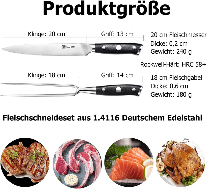 PAUDIN Küchenmesserset 2tlg, Messerset mit Fleischmesser 20cm und Fleischgabel 18cm, Ultra Scharfe T