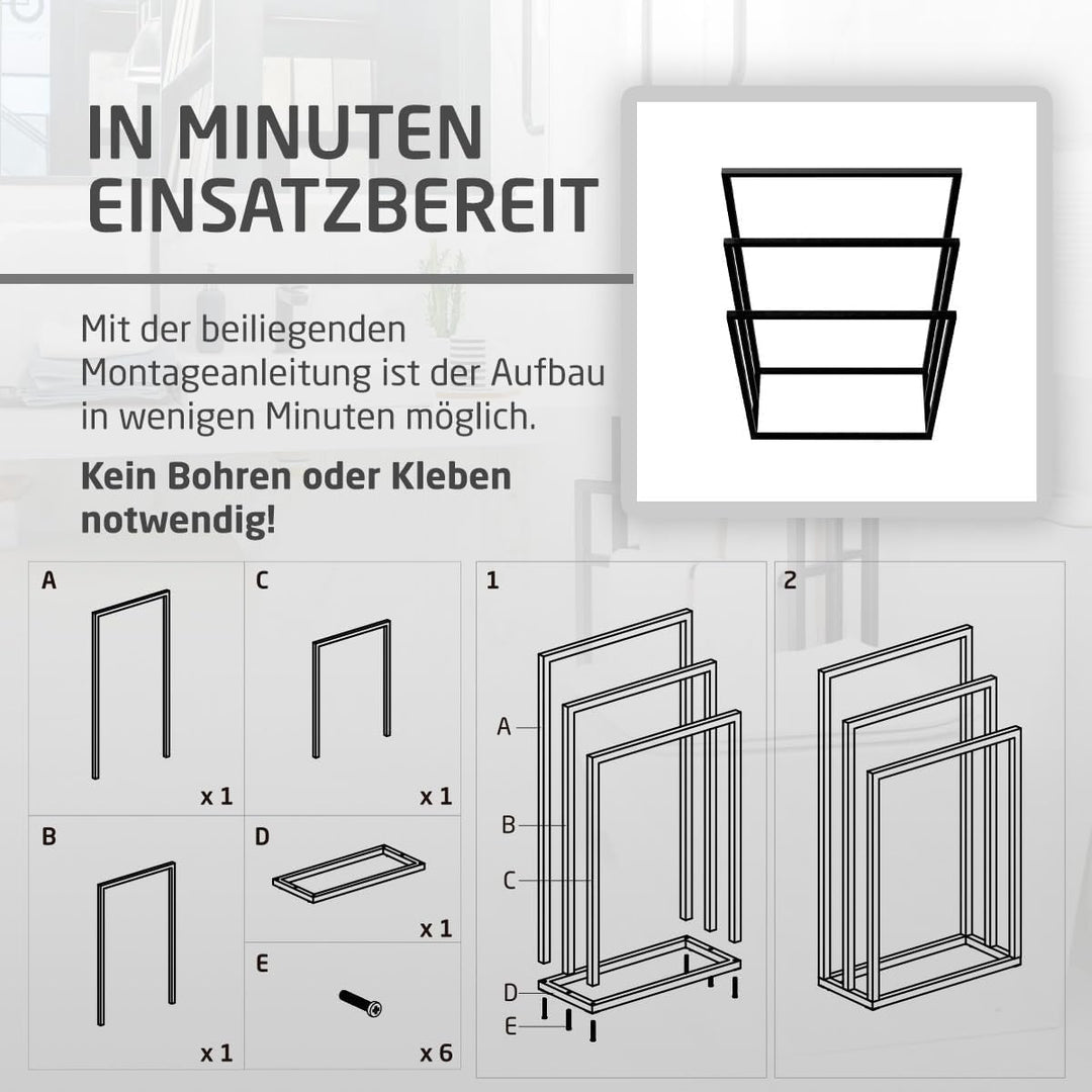 Amig - Matt schwarzer freistehender Handtuchhalter mit 3 Metallstangen - Bodenständer für Badetücher