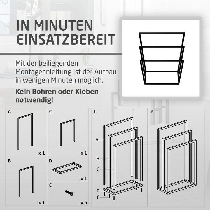 Amig - Matt schwarzer freistehender Handtuchhalter mit 3 Metallstangen - Bodenständer für Badetücher