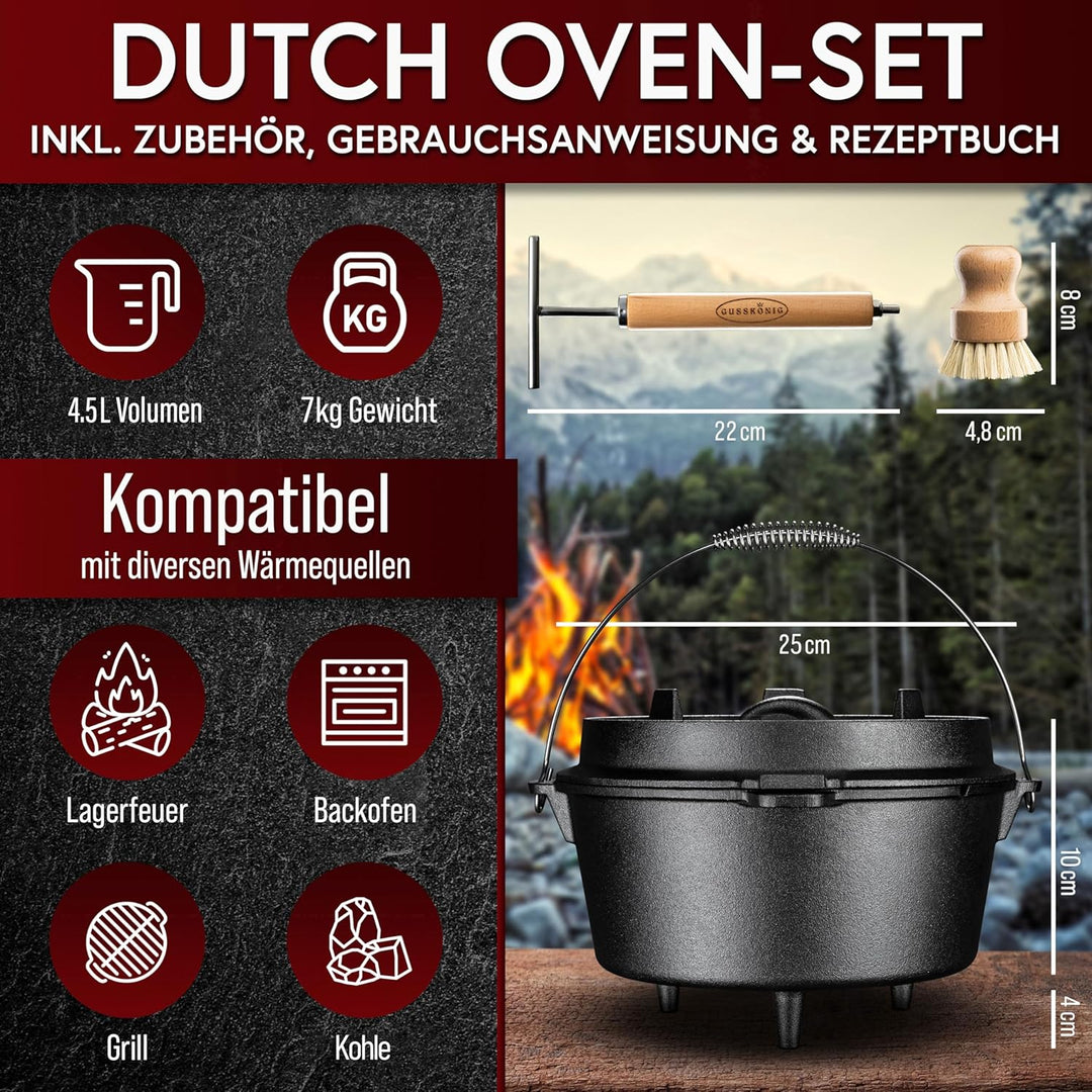 GUSSKÖNIG Dutch Oven Set - Eingebrannter Dutch Oven 4,5 Liter - Feuertopf Gusseisen mit Füssen - Sch