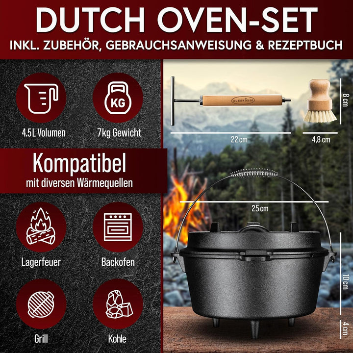 GUSSKÖNIG Dutch Oven Set - Eingebrannter Dutch Oven 4,5 Liter - Feuertopf Gusseisen mit Füssen - Sch
