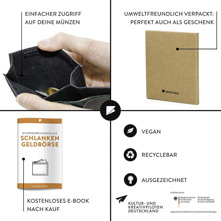 FRITZVOLD MINIMAL Wallet, RFID-Schutz & erweitertes Münzfach, kleines, dünnes Portemonnaie für Herre