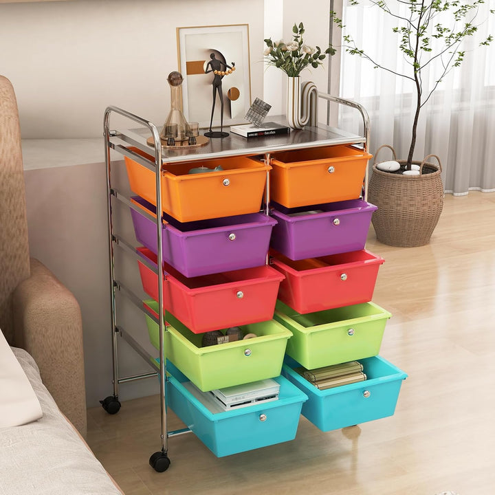 GOPLUS Rollwagen mit 10 Schubladen stapelbar, Rollcontainer mit Ablage & Metallgestell, Badregal, Au