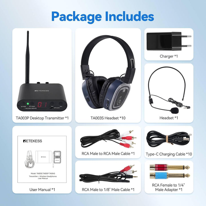 Retekess TA003S Silent Disco Kabelloser Kopfhörer, RF Wireless, 300 m Reichweite, 3 Kanäle mit LED-F