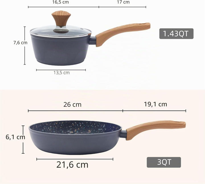 Topf &amp; Pfanne Set grosse Bratpfanne - keramikbeschichteter Aluminiumholzgriff, alle Herdplatten (2,