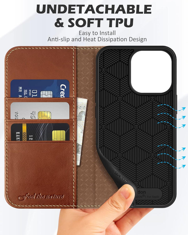 SHIELDON Hülle für iPhone 13 Pro 5G Handyhülle [Echtleder] [Kartenfach] [Magnet] [Standfunktion] [RF