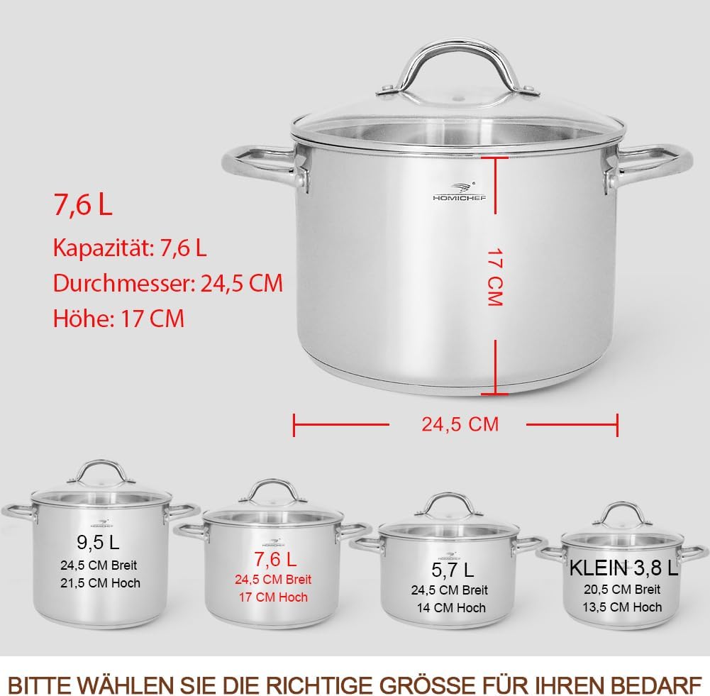 HOMICHEF Suppentopf 24,5 cm 7,6 Liter mit Deckel Nickelfreier Edelstahl - Hochglanzpolierter Suppent