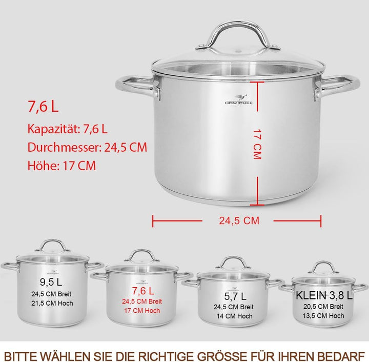 HOMICHEF Suppentopf 24,5 cm 7,6 Liter mit Deckel Nickelfreier Edelstahl - Hochglanzpolierter Suppent