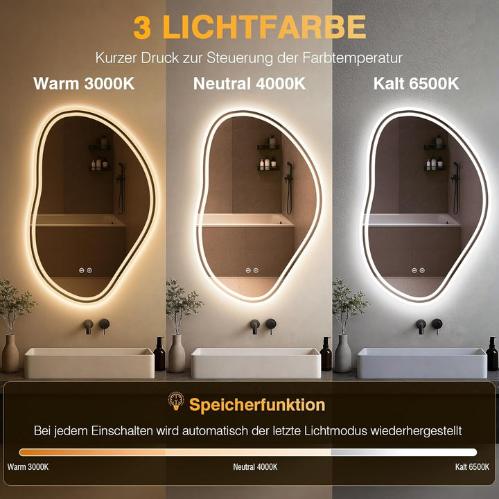 Asymmetrischer Spiegel mit Beleuchtung, Badspiegel mit Beleuchtung 80x53cm, 3 Lichtfarben, Dimmbar,