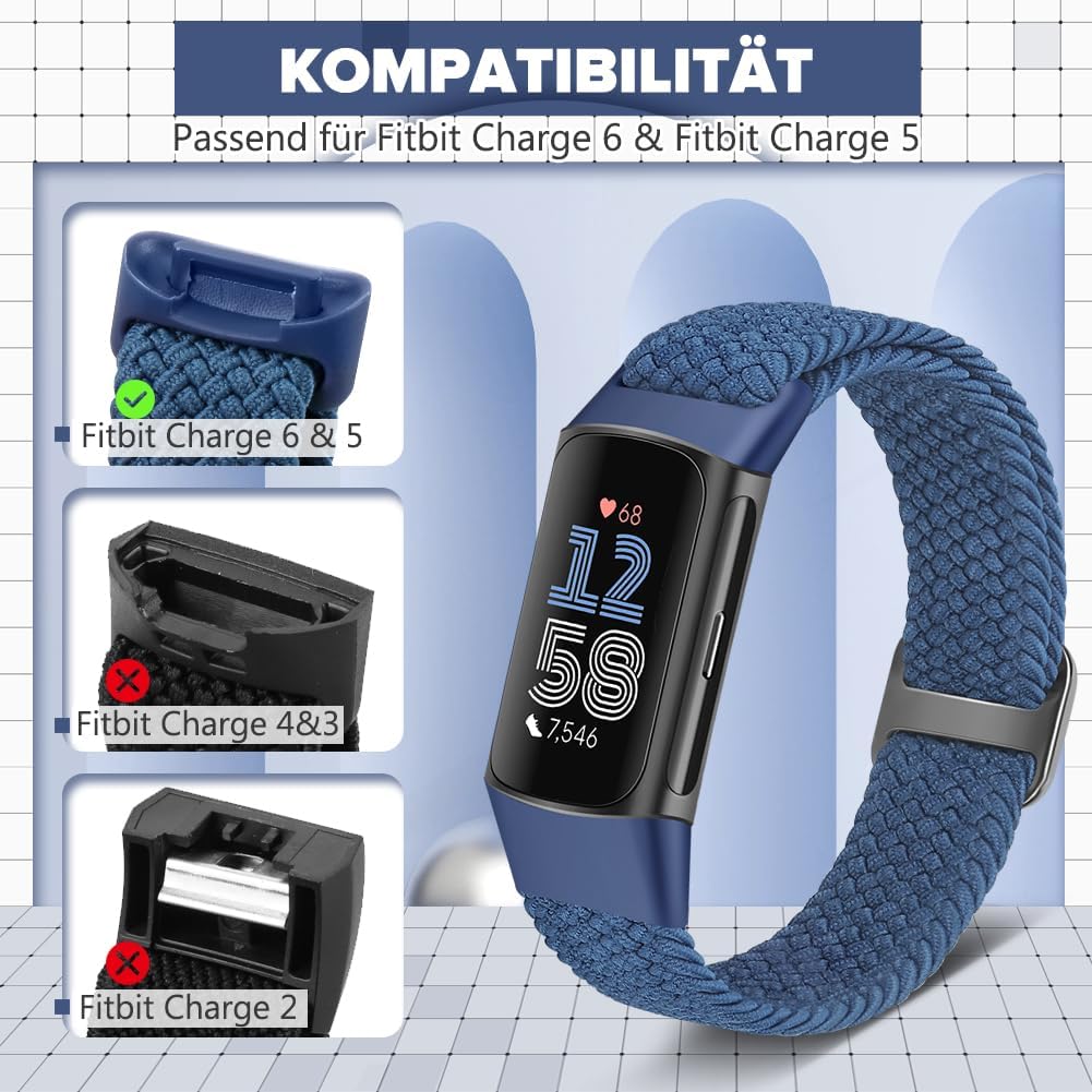 Elastische Geflochtene Armband Nur Kompatibel mit Fitbit Charge 6/Fitbit Charge 5, Verstellbare Solo