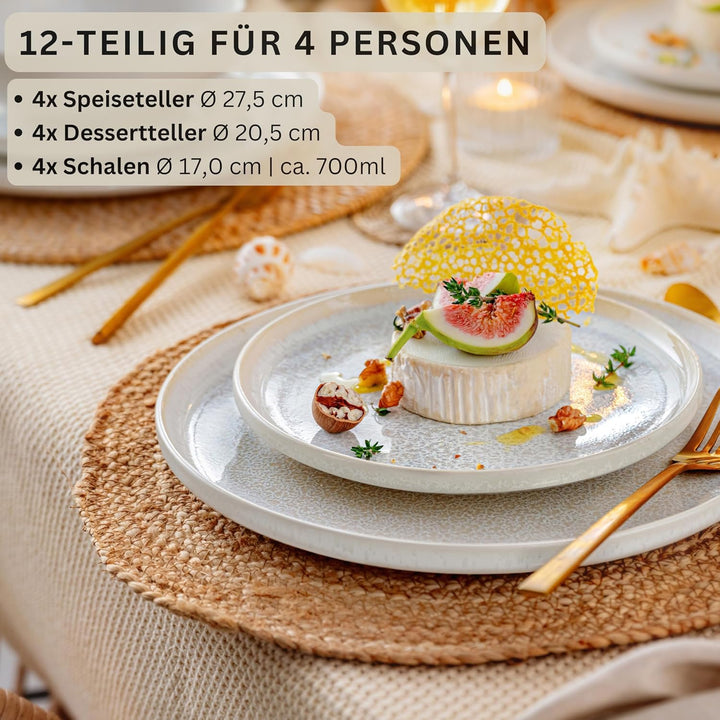 SÄNGER | Geschirrset Korfu 12 tlg, Tafelservice 4 Personen, Steingut Geschirr Handmade, Teller Set i