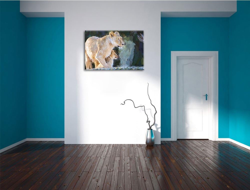 Löwenmutter mit Jungtier Deluxe Format: 100x70 cm auf Leinwand, XXL riesige Bilder fertig gerahmt mi