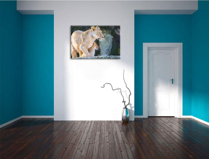 Löwenmutter mit Jungtier Deluxe Format: 100x70 cm auf Leinwand, XXL riesige Bilder fertig gerahmt mi