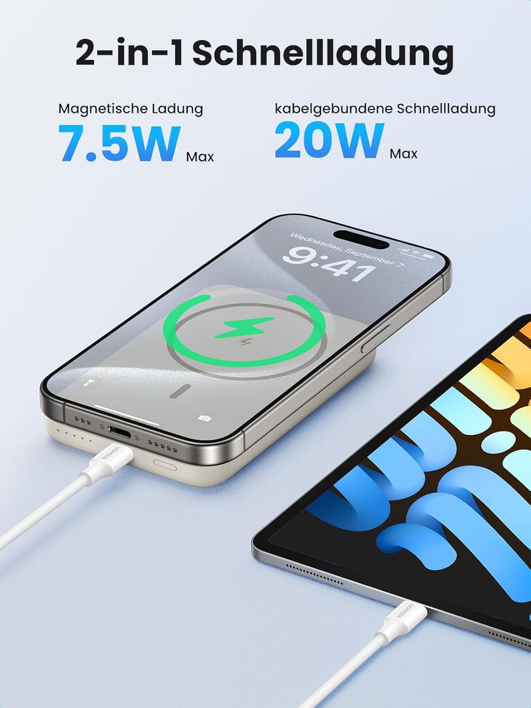 UGREEN Nexode Wireless Powerbank 10000mAh Magnetische Power Bank mit USB-C Schnellladefunktion, Kabe