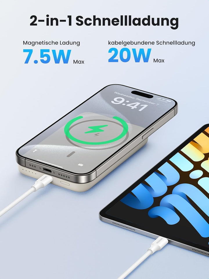 UGREEN Nexode Wireless Powerbank 10000mAh Magnetische Power Bank mit USB-C Schnellladefunktion, Kabe