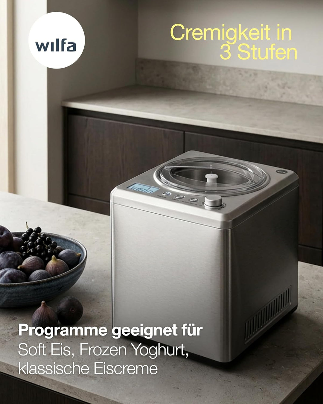 Wilfa VANILLA Eismaschine - 2,5 Liter - selbstkühlender Kompressor 250W - Timer-Funktion - Kühlhalte