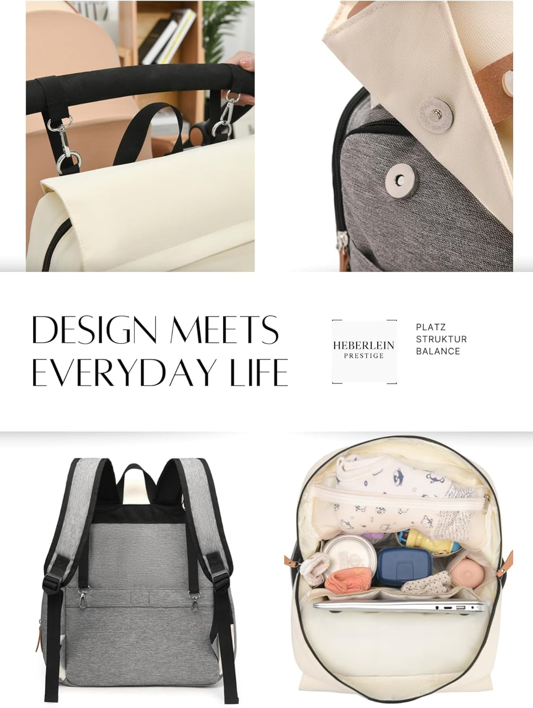 Heberlein Prestige Baby Wickelrucksack - grosse Wickeltasche für Mama & Papa, wasserabweisend mit vi
