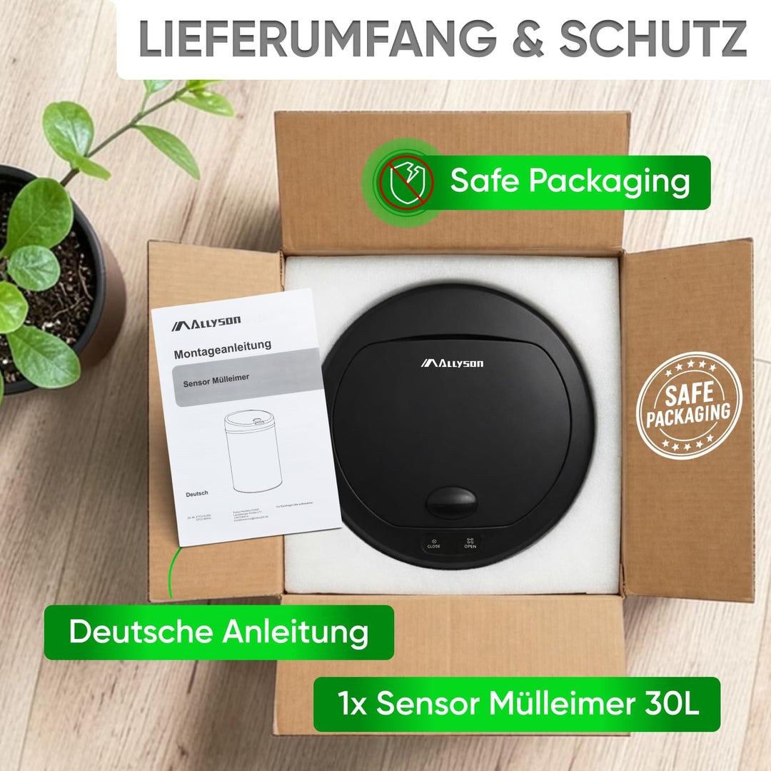 Allyson® Sensor Mülleimer Küche mit Sensor 30L – Automatik Abfalleimer Edelstahl mit Soft-Close Deck