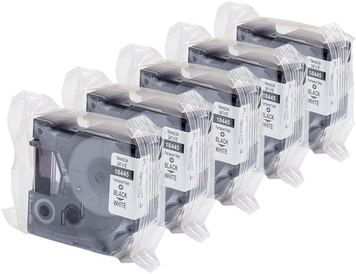 5x Dymo 18445 Rhino Vinyl Industrie Etiketten, wei selbstklebend 19mm X 5,5m Rolle, schwarz Druck au