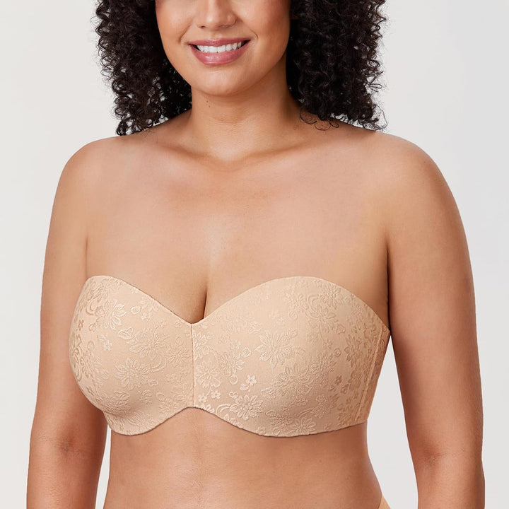 DELIMIRA Damen Trägerloser BH Jacquard mit Bügel ohne Einlagen Grosse Grössen 70B Beige, 70B Beige