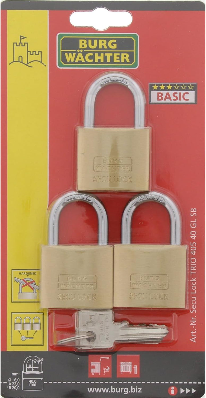 Burg Wächter Zylinder-Vorhangschloss, 3er-Set, 6 mm Bügelstärke, TRIO 405 40 GL SB, Messing