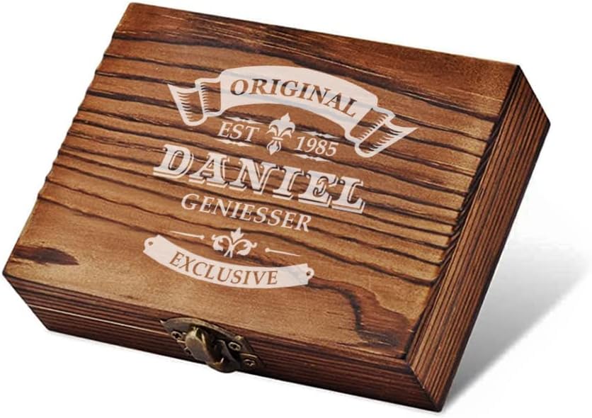 5-TLG Whisky Kühlsteine Set - Holzkiste und Whisky Tumbler mit Wunschgravur - 9x Kühlsteine, 1x Zang