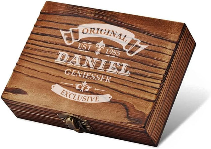 5-TLG Whisky Kühlsteine Set - Holzkiste und Whisky Tumbler mit Wunschgravur - 9x Kühlsteine, 1x Zang