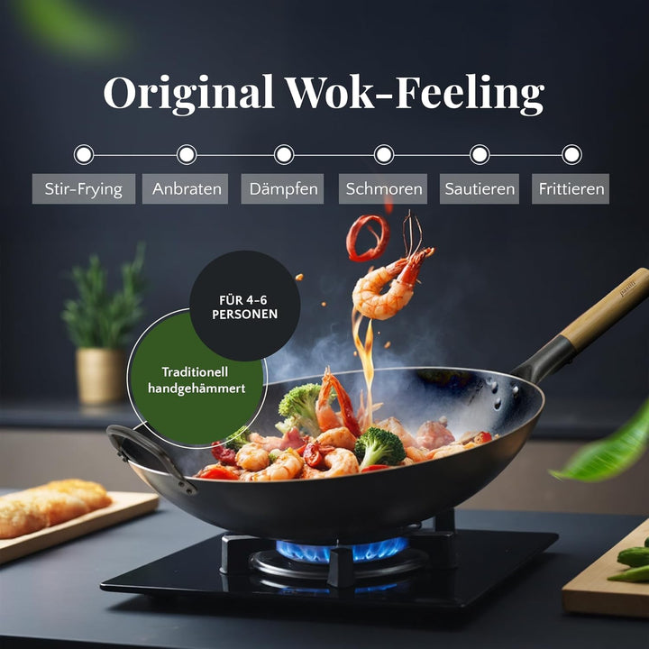 pasoli handgehämmerter Wok + gratis Rezepte eBook - voreingebrannt - traditionelle Asiapfanne - Brat