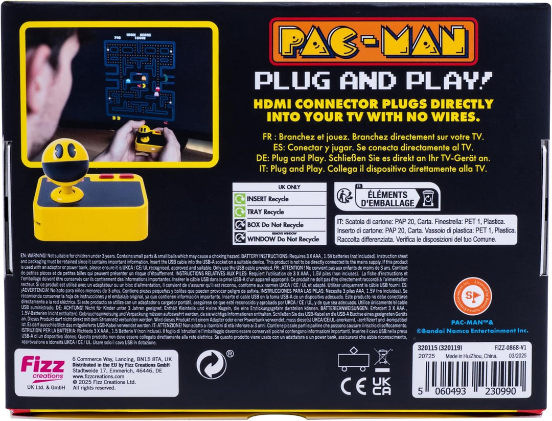 Fizz Creations PAC-MAN Plug & Play Retro Gaming Arcade Game Wireless Controller Included HDMI Cable